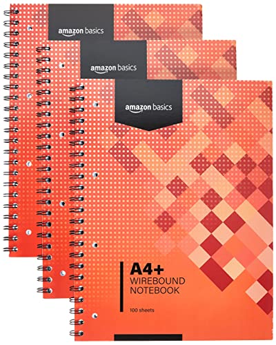 Amazon Basics Notizbuch mit Drahtbindung, 100 Blatt/200 Seiten A4+, 80 GSM, 3 Stück, Red von Amazon Basics