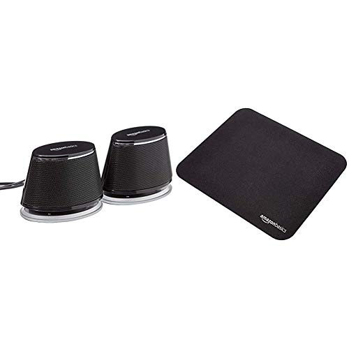 Amazon Basics - PC-Lautsprecher mit dynamischem Sound, USB-Betrieb, Schwarz, 1 Paar & Gaming-Mauspad von Amazon Basics