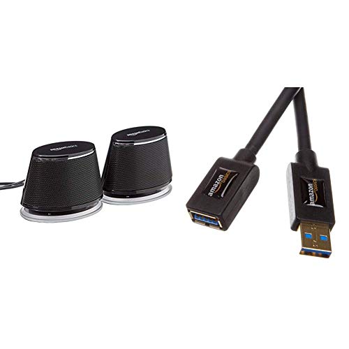 Amazon Basics - PC-Lautsprecher mit dynamischem Sound, USB-Betrieb, Schwarz, 1 Paar & USB 3.0-Verlängerungskabel (A-Stecker auf A-Buchse) 3 m (Abwärtskompatibilität zu USB 2.0 und 1.1) von Amazon Basics