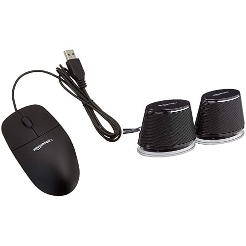 Amazon Basics - PC-Lautsprecher mit dynamischem Sound, USB-Betrieb, Schwarz, 1 Paar & USB-Maus mit DREI Schaltflächen (schwarz) von Amazon Basics