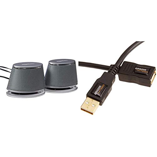 Amazon Basics - PC-Lautsprecher mit dynamischem Sound, USB-Betrieb, Silber, 1 Paar & 7GV4 USB 2.0 A-Stecker auf A-Buchse Verlängerungskabel (1 m), Schwarz von Amazon Basics