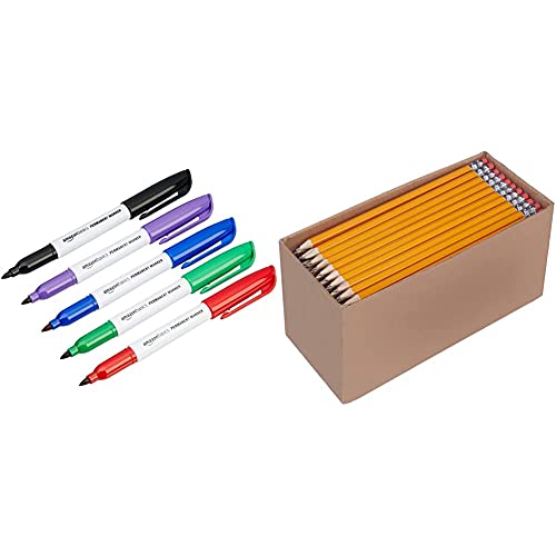 Amazon Basics - Permanentmarker, farblich sortiert, 12er-Pack & Holzgefasste Bleistifte, HB, vorgespitzt, 30er-Pack von Amazon Basics