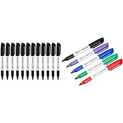 Amazon Basics - Permanentmarker, farblich sortiert, 12er-Pack & Permanentmarker, Schwarz, 12er-Pack von Amazon Basics