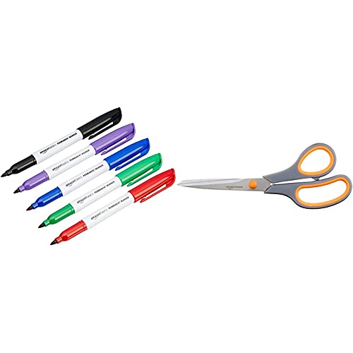 Amazon Basics - Permanentmarker, farblich sortiert, 12er-Pack & Schere mit weichem Griff, 20 cm, Titan-Scherenblätter, 1 Stück von Amazon Basics