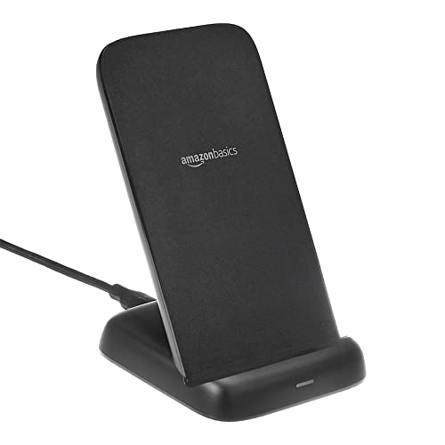 Amazon Basics Qi-zertifiziertes Ladeständer, 10 W, für iPhone 15, 14, 13, 12, 11, X und Samsung, mit USB-Kabel (ohne Wechselstrom-Adapter), schwarz von Amazon Basics