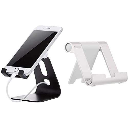 Amazon Basics Tragbarer Ständer mit verstellbarem Betrachtungswinkel für Tablets, E-Reader und Handys - Silber & Verstellbarer Handy-Ständer | Schwarz von Amazon Basics