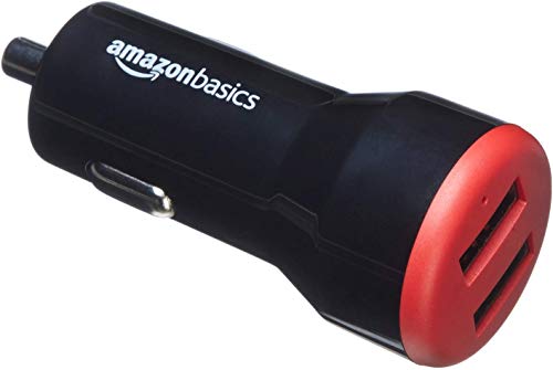 Amazon Basics USB-A-Autoladegerät für Handys (iPhone 15, 14, 13, 12, 11, X, Samsung und andere), 24 W, 2 Anschlüsse, nicht-PPS, Schwarz / Rot von Amazon Basics