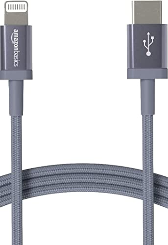 Amazon Basics - USB-C-auf-Lightning-Kabel, geflochtenes Nylon, MFi-zertifiziertes Ladekabel für iPhone 13/12/11/X/XS/XR/8, Dunkelgrau, 0.9 m, mit Smartphone von Amazon Basics