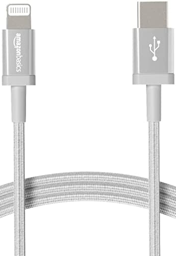 Amazon Basics - USB-C-auf-Lightning-Kabel, geflochtenes Nylon, MFi-zertifiziertes Ladekabel für iPhone 13/12/11/X/XS/XR/8, Silber, 1.8 m von Amazon Basics