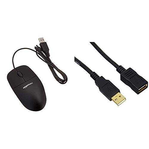 Amazon Basics USB-Maus mit drei Schaltflächen (schwarz) & 1IGG USB 2.0-Verlängerungskabel A-Stecker auf A-Buchse, 2 m,Schwarz von Amazon Basics