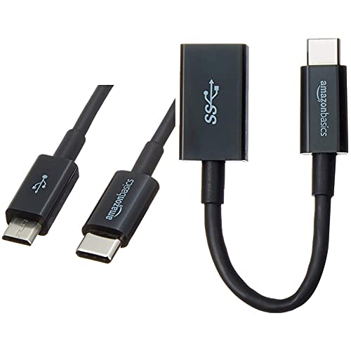 Amazon Basics - Verbindungskabel, USB Typ C auf Micro-USB Typ B, USB 2.0, 0,9 m, Schwarz & Adapterkabel, USB-Typ-C-Stecker auf USB-Buchse, USB 3.1, 1. Generation, Schwarz von Amazon Basics