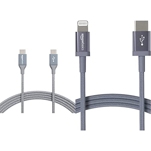 Amazon Basics - Verbindungskabel, USB Typ C auf USB Typ C, USB-2.0-Standard, doppelt geflochtenes Nylon, 3 m, Dunkelgrau & USB-C-auf-Lightning-Kabel, geflochtenes Nylon, Dunkelgrau, 1,8 m von Amazon Basics