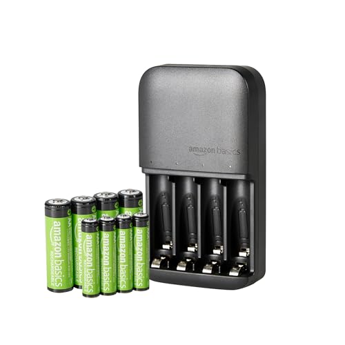 Amazon Basics wiederaufladbar NiMh Batterien, (4 AA & 4 AAA) mit Batterieladegerät für 4 Batterien, EU-Stecker, 8 Stück, Schwarz von Amazon Basics