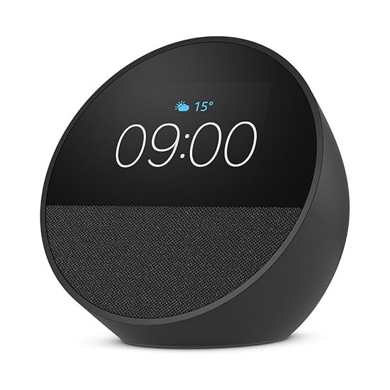 Amazon Echo Spot (2024), schwarz Smart Clock, Erinnerungen, Wetter, Timer und mehr. Lass dir Songtitel anzeigen und steuere einfach per Sprachbefehl von Amazon
