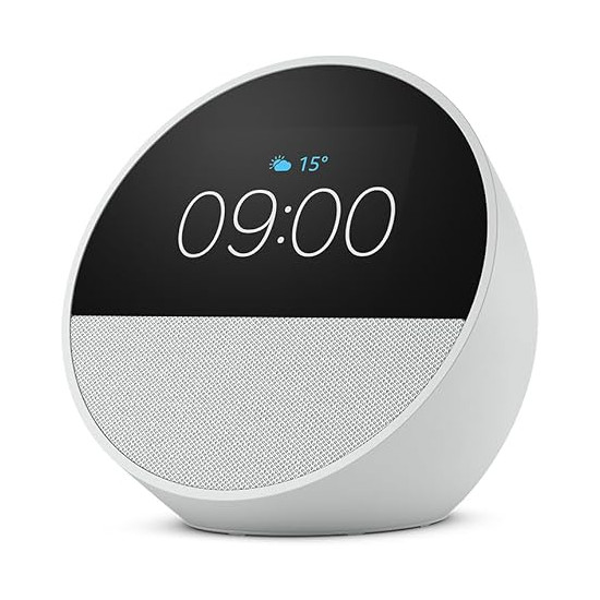 Amazon Echo Spot (2024), weiß Smart Clock, Erinnerungen, Wetter, Timer und mehr. Lass dir Songtitel anzeigen und steuere einfach per Sprachbefehl von Amazon