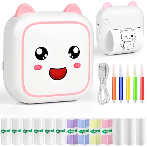 Ambesty Mini Drucker, Mobiler Fotodrucker, Tragbarer Mini Fotodrucker, Wireless Fotodrucker Thermodrucker, mit 13 Rollen Druckerpapie und 5 Buntstifte, Smartphone Bluetooth Drucker, für Lernhilfe von Ambesty