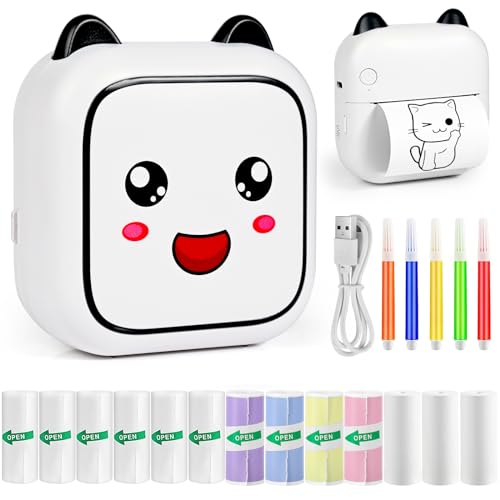 Ambesty Mini Drucker, Mobiler Fotodrucker, Tragbarer Mini Fotodrucker, Wireless Fotodrucker Thermodrucker, mit 13 Rollen Druckerpapie und 5 Buntstifte, Smartphone Bluetooth Drucker, für Lernhilfe von Ambesty