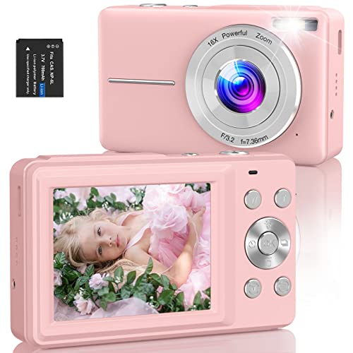 Digitalkamera, Amdeurdi FHD 1080P 44MP Kompaktkamera, Vlogging-Kamera mit 16-fachem Digitalzoom für Studenten, Kinder, Anfänger mit 1 Akku – Pink von Amdeurdi