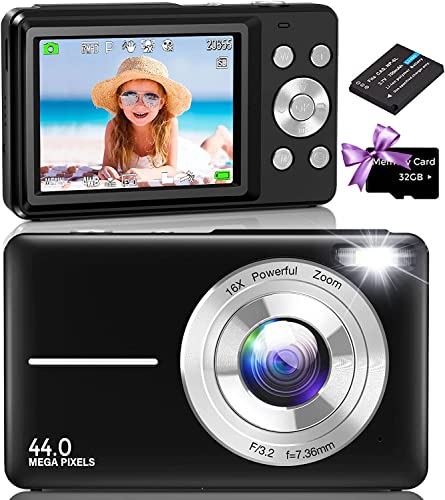 Digitalkamera,Fotokamera mit 32G Karte,44MP Kompaktkamera,1080P FHD Fotoapparat,Vlogging Kamera Tragbare Kompaktkamera mit LCD 16X Digitalzoom für Kinder, Teenager, Anfänger-Schwarz von Amdeurdi