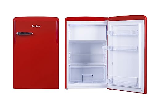 Amica KSR 361 160 R Kühlschrank mit Gefrierfach/Chili Red (Rot) / 88cm Höhe/Retro-Design/LED-Beleuchtung/Gemüseschublade von Amica