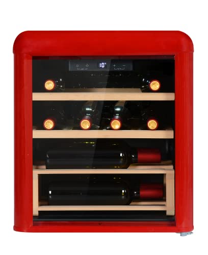 Amica WKR 341 910 R Retro-Weinkühlschrank/Weintemperierschrank im Retro Design/Rot/max. 10 Bordeauxflaschen (0,75l) / 53,5 x 48cm / 2 Holzlagerböden aus Buche/Kompressor-Technik von Amica