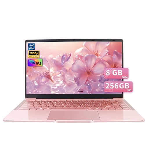 14" Ultradünner Laptop in Roségold,Celeron J4125,8GB DDR4,256GB SSD,FHD IPS-Display,Leichtes Notebook,180°-Scharnier/USB3.0/WLAN/Bluetooth, für Studium und Arbeit (256GB) von Amita