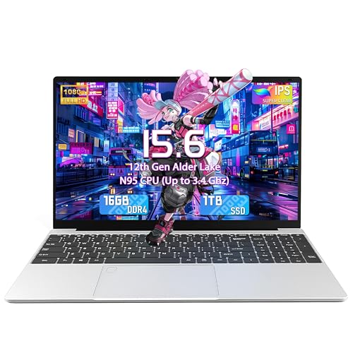 15,6" Silber FHD Laptop, Intel N95 (bis zu 3,4 GHz), 16GB DDR4 RAM, 1TB NVMe SSD, Win 11 Pro, Hintergrundbeleuchtete Tastatur, Fingerabdrucksensor, Dualband-WiFi, Inklusive Tastaturfolie (16+1T) von Amita