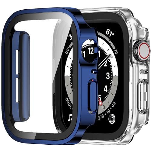 Amizee 2 Stück Hard Hülle Kompatibel mit Apple Watch Schutzhülle 44mm Series 6/5/4/SE mit Tempered Glass Displayschutz, Ultradünn Kratzfeste Schutzhülle für iWatch 44mm (Blau/Transparente) von Amizee