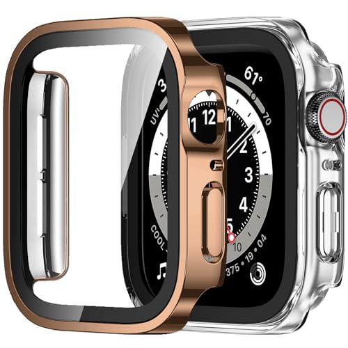 Amizee 2 Stück Hard Hülle Kompatibel mit Apple Watch Schutzhülle 44mm Series 6/5/4/SE mit Tempered Glass Displayschutz, Ultradünn Kratzfeste Schutzhülle für iWatch 44mm (Roségold/Transparente) von Amizee