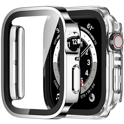 Amizee 2 Stück Hard Hülle Kompatibel mit Apple Watch Schutzhülle 44mm Series 6/5/4/SE mit Tempered Glass Displayschutz, Ultradünn Kratzfeste Schutzhülle für iWatch 44mm (Silber/Transparente) von Amizee