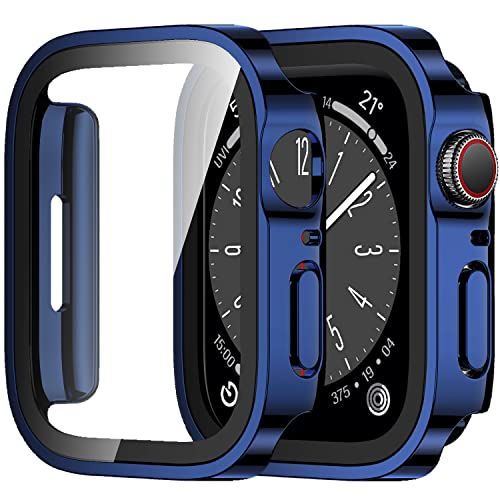 Amizee 2 Stück Hard Hülle Kompatibel mit Apple Watch Series 9/8 Series 7 41mm Schutzhülle mit Tempered Glass Displayschutz, Ultradünn Kratzfeste Schutzhülle für iWatch 41mm (Blau/Transparente) von Amizee