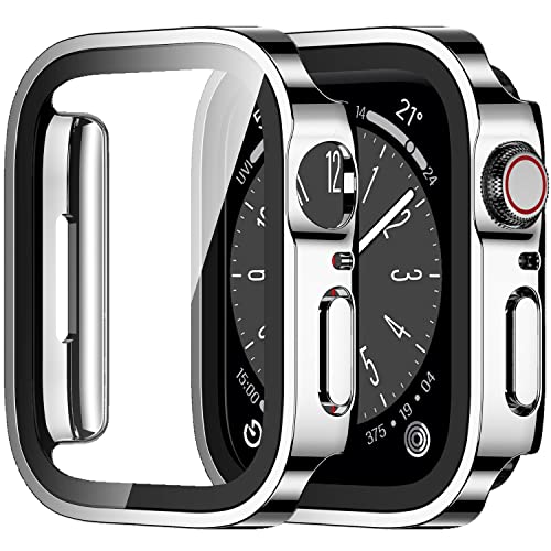 Amizee 2 Stück Hard Hülle Kompatibel mit Apple Watch Series 9/8 Series 7 41mm Schutzhülle mit Tempered Glass Displayschutz, Ultradünn Kratzfeste Schutzhülle für iWatch 41mm (Silber/Transparente) von Amizee