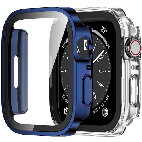 Amizee 2 Stück Hard Hülle Kompatibel mit Apple Watch Series 9/8 Series 7 45mm Schutzhülle mit Tempered Glass Displayschutz, Ultradünn Kratzfeste Schutzhülle für iWatch 45mm (Blau/Transparente) von Amizee