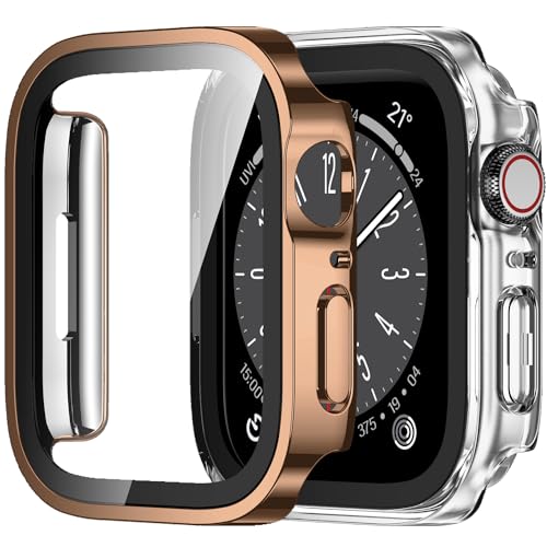 Amizee 2 Stück Hard Hülle Kompatibel mit Apple Watch Series 9/8 Series 7 45mm Schutzhülle mit Tempered Glass Displayschutz, Ultradünn Kratzfeste Schutzhülle für iWatch 45mm (Roségold/Transparente) von Amizee