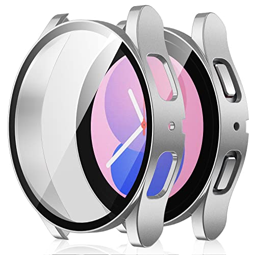 Amizee 2 Stück Hard Hülle Kompatibel mit Samsung Galaxy Watch 5/Watch 4 Schutzhülle 40mm mit Glas Displayschutz, Ultradünn Kratzfeste Schutzhülle für Galaxy Watch 4/5 40mm (Silber/Transparente) von Amizee