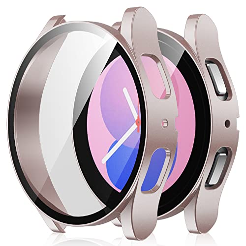 Amizee 2 Stück Hard Hülle Kompatibel mit Samsung Galaxy Watch 5/Watch 4 Schutzhülle 44mm mit Glas Displayschutz, Ultradünn Kratzfeste Schutzhülle für Galaxy Watch 4/5 44mm (Roségold/Transparente) von Amizee