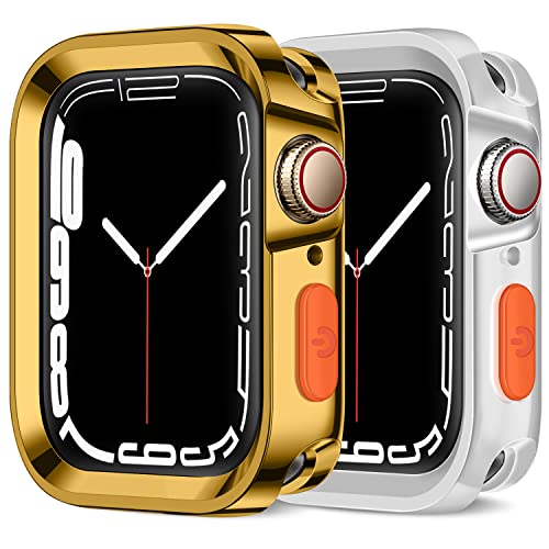 Amizee 2 Stück Rugged Hülle Kompatibel mit Apple Watch Series 9/8 / Series 7 45mm Series 6 / SE/Serie 5 / Series 4 44mm, Weiche TPU Plating Stoßfest Stoßstange Schutzhülle für iWatch (Gold/Klar) von Amizee