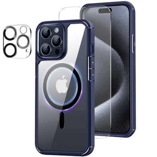 Amizee Magnetisch Hülle für iPhone 15 Pro Hülle [Kompatibel mit MagSafe] mit Schutzfolie und Kameraschutz Transparent Stoßfest Schutzhülle Handyhülle für iPhone 6.1 Pro, Blau von Amizee