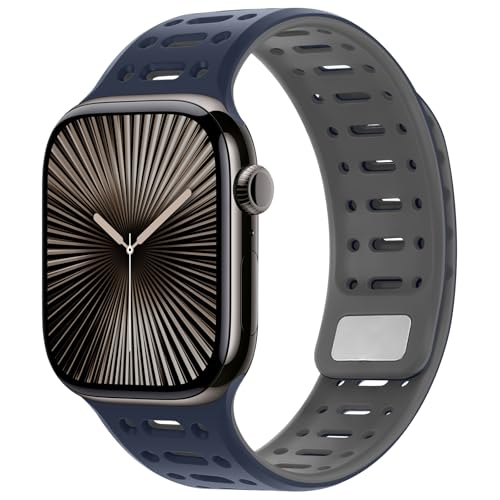 Kompatibel mit Apple Watch Armband 49mm 46mm 45mm 44mm 42mm 41mm 40mm 38mm, Weiches Silikon Magnetisch Sport Armband für iWatch Ultra 2/Ultra Serie 10 9 8 7 SE 6 5 4 (42/41/40/38, Dunkelblau/Grau) von Amizee