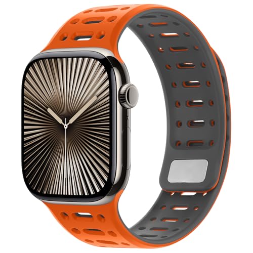 Kompatibel mit Apple Watch Armband 49mm 46mm 45mm 44mm 42mm 41mm 40mm 38mm, Weiches Silikon Magnetisch Sport Armband für iWatch Ultra 2/Ultra Serie 10 9 8 7 SE 6 5 4 (42/41/40/38, Orange/Grau) von Amizee
