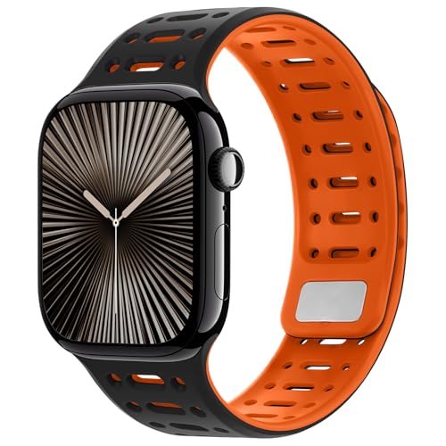 Kompatibel mit Apple Watch Armband 49mm 46mm 45mm 44mm 42mm 41mm 40mm 38mm, Weiches Silikon Magnetisch Sport Armband für iWatch Ultra 2/Ultra Serie 10 9 8 7 SE 6 5 4 (42/41/40/38, Schwarz/Orange) von Amizee