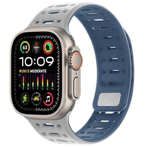 Kompatibel mit Apple Watch Armband 49mm 46mm 45mm 44mm 42mm 41mm 40mm 38mm, Weiches Silikon Magnetisch Sport Armband für iWatch Ultra 2/Ultra Serie 10 9 8 7 SE 6 5 4 (49/46/45/44/42, Grau/Blau) von Amizee