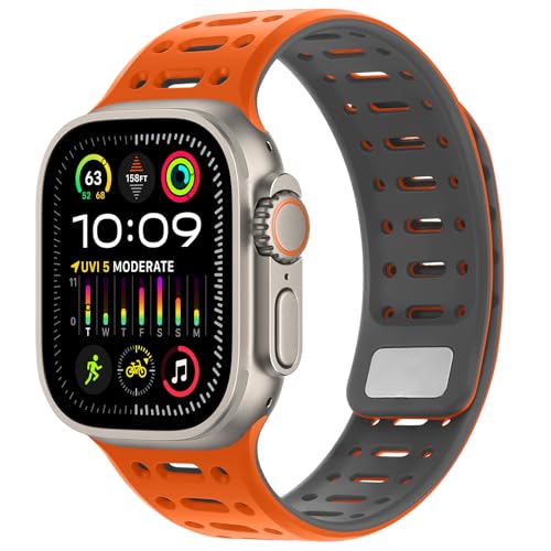 Kompatibel mit Apple Watch Armband 49mm 46mm 45mm 44mm 42mm 41mm 40mm 38mm, Weiches Silikon Magnetisch Sport Armband für iWatch Ultra 2/Ultra Serie 10 9 8 7 SE 6 5 4 (49/46/45/44/42, Orange/Grau) von Amizee