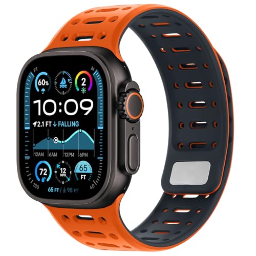 Kompatibel mit Apple Watch Armband 49mm 46mm 45mm 44mm 42mm 41mm 40mm 38mm, Weiches Silikon Magnetisch Sport Armband für iWatch Ultra 2/Ultra Serie 10 9 8 7 SE 6 5 4 (49/46/45/44/42, Orange/Mit) von Amizee