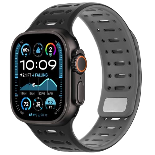 Kompatibel mit Apple Watch Armband 49mm 46mm 45mm 44mm 42mm 41mm 40mm 38mm, Weiches Silikon Magnetisch Sport Armband für iWatch Ultra 2/Ultra Serie 10 9 8 7 SE 6 5 4 (49/46/45/44/42, Schwarz/Grau) von Amizee