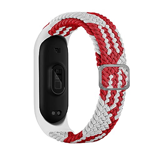 Geflochtener Nylon Solo Loop kompatibel mit Xiaomi Mi Band 5 / Mi Band 6 / Mi Band 4, Elastic Nylon Sport Ersatzband für Mi Band 5 / Mi Band 6 / Mi Band 4, Rot-Weiß von Amlope