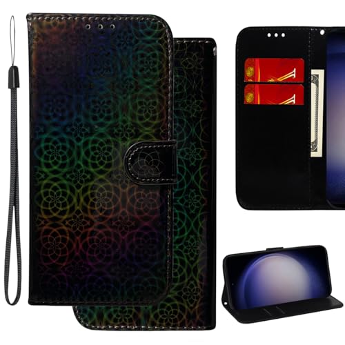 Ammeer Glänzend Hülle für iPhone 16 Pro Max, Magnetische Flip Funkeln PU Leder Schutzhülle Handy Tasche Case Cover Brieftasche Wallet Stand Kartenfächer Trageschlaufe - Schwarz von Ammeer