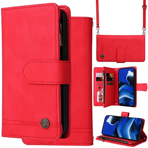 Ammeer Hülle Wallet für Google Pixel 6A, Reißverschluss Zipper Magnetische Flip PU Leder Schutzhülle Handy Tasche Case Cover Silikon TPU Kartenfächer Stand Trageschlaufe Schulterriemen - Rot von Ammeer