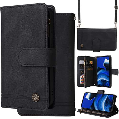 Ammeer Hülle Wallet für Google Pixel 6A, Reißverschluss Zipper Magnetische Flip PU Leder Schutzhülle Handy Tasche Case Cover Silikon TPU Kartenfächer Stand Trageschlaufe Schulterriemen - Schwarz von Ammeer