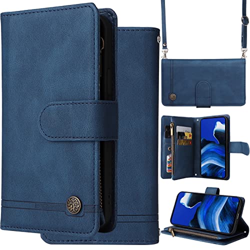 Ammeer Hülle Wallet für Google Pixel 8 Pro, Reißverschluss Zipper Magnetische Flip PU Leder Schutzhülle Handy Tasche Case Cover Silikon TPU Kartenfächer Stand Trageschlaufe Schulterriemen - Blau von Ammeer